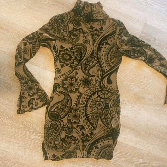 SHEIN Women's Black and Brown Floral & Paisley Print Sleeve Mesh Bodycon Dress - Picture 6 of 6